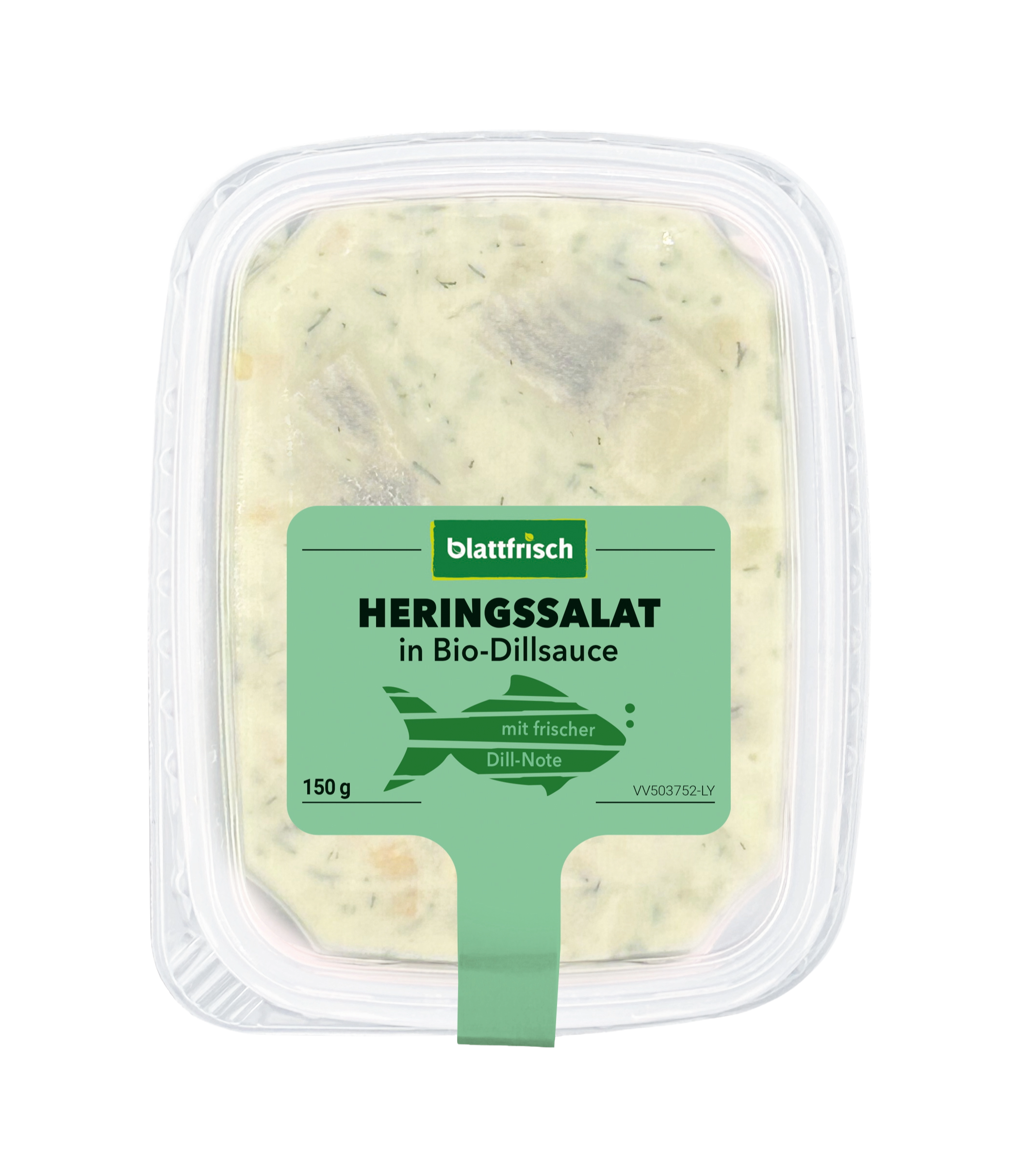 Eine rechteckige Plastikverpackung enthält Heringssalat in Bio-Dillsauce. Auf dem Etikett steht "blattfrisch" und "mit frischer Dill-Note". Das Gewicht beträgt 150 Gramm. Die Verpackung ist durchsichtig mit grünem Etikett.
