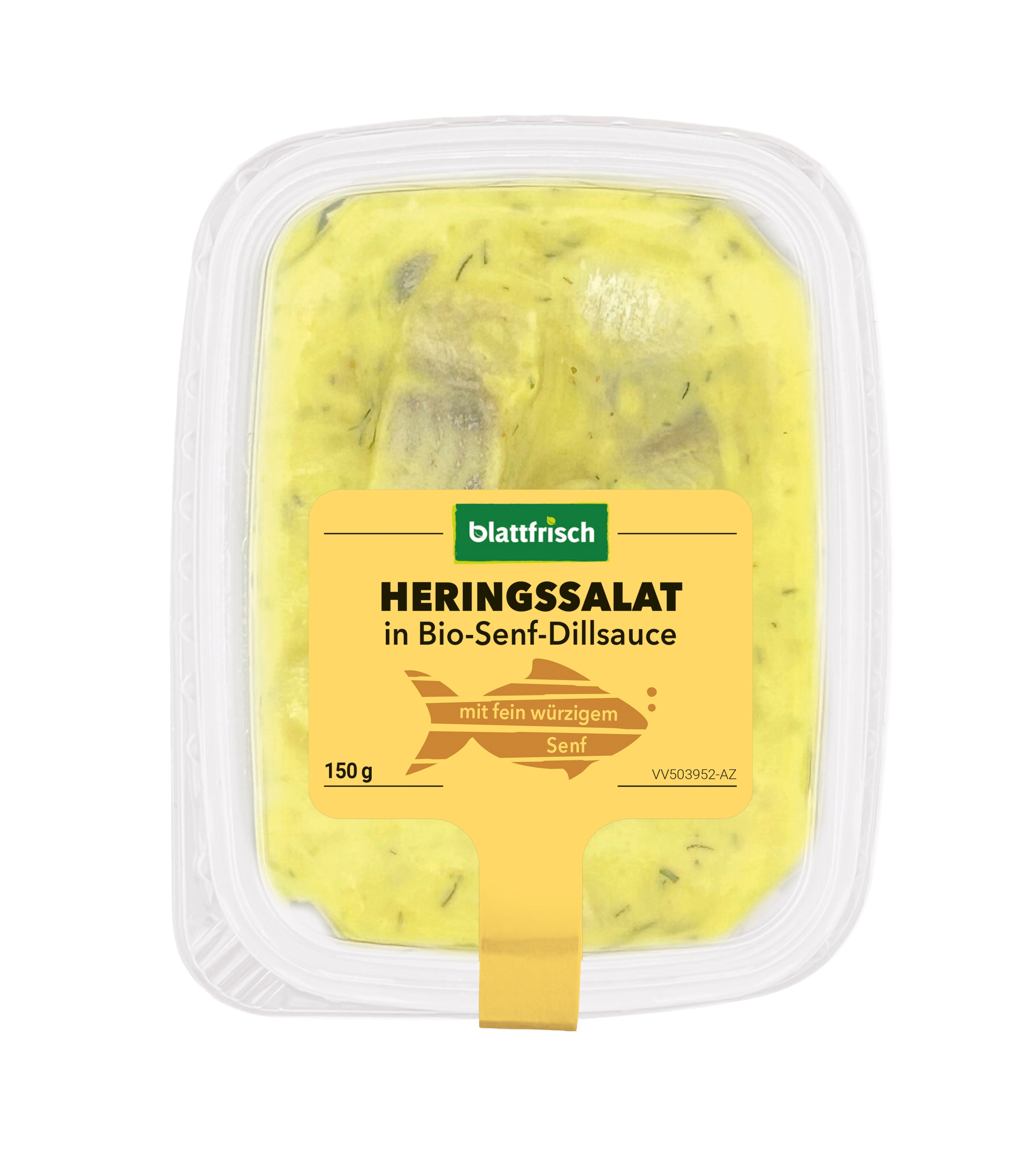 Eine transparente Kunststoffverpackung enthält Heringssalat in gelber Bio-Senf-Dillsauce. Auf dem Etikett steht "blattfrisch" und "mit fein würzigem Senf". Gewicht: 150 g.
