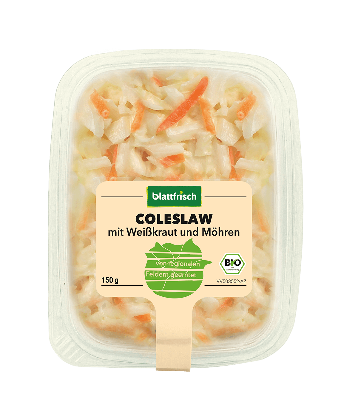 Eine rechteckige Plastikverpackung mit transparentem Deckel enthält Coleslaw bestehend aus fein geschnittenem Weißkraut und Möhren. Auf dem Etikett steht: "blattfrisch Coleslaw mit Weißkraut und Möhren". Gewicht: 150g. Bio-Siegel sichtbar.