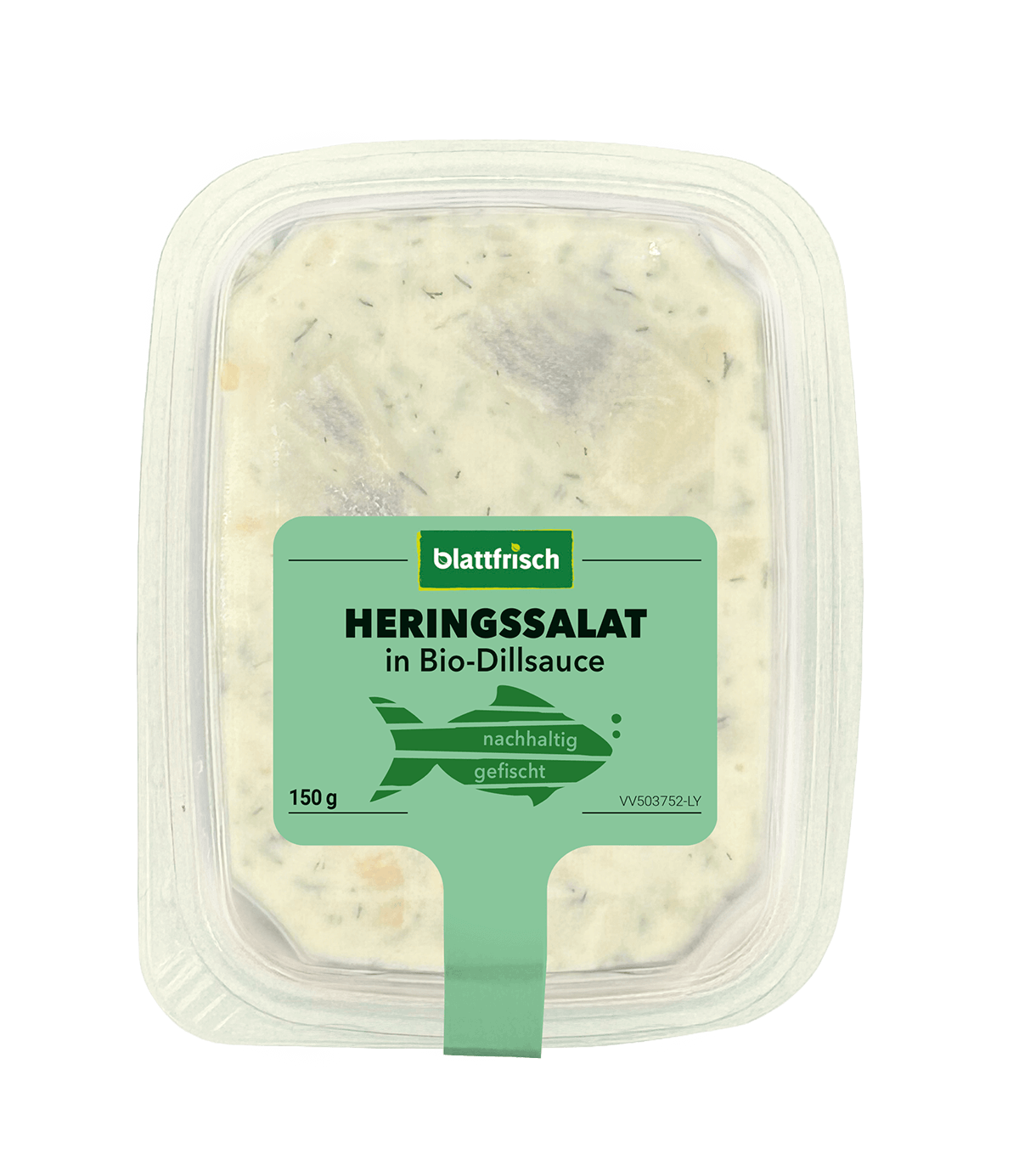 Eine rechteckige Plastikverpackung enthält Heringssalat in Bio-Dillsauce. Auf dem Etikett steht "blattfrisch" und "nachhaltig gefischt". Das Gewicht beträgt 150 Gramm. Die Verpackung ist durchsichtig mit grünem Etikett.