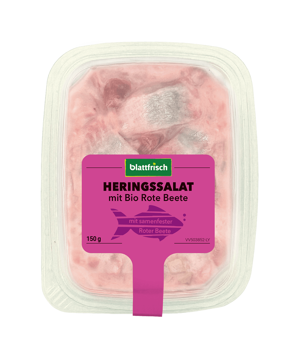 Eine transparente Plastikverpackung mit Hering in rosa Rote-Bete-Sahnesoße. Auf dem Deckel ist ein pinkfarbenes Etikett mit der Aufschrift "Hering-Salat mit Bio Rote Bete" und dem "blattfrisch" Logo.