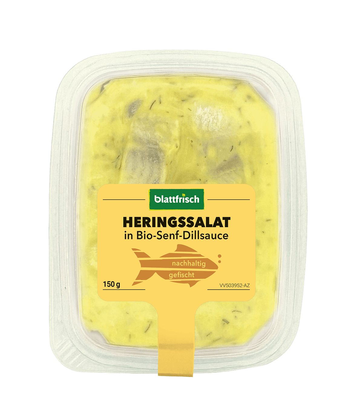 Eine transparente Kunststoffverpackung enthält Heringssalat in gelber Bio-Senf-Dillsauce. Auf dem Etikett steht "blattfrisch" und "nachhaltig gefischt". Gewicht: 150 g.
