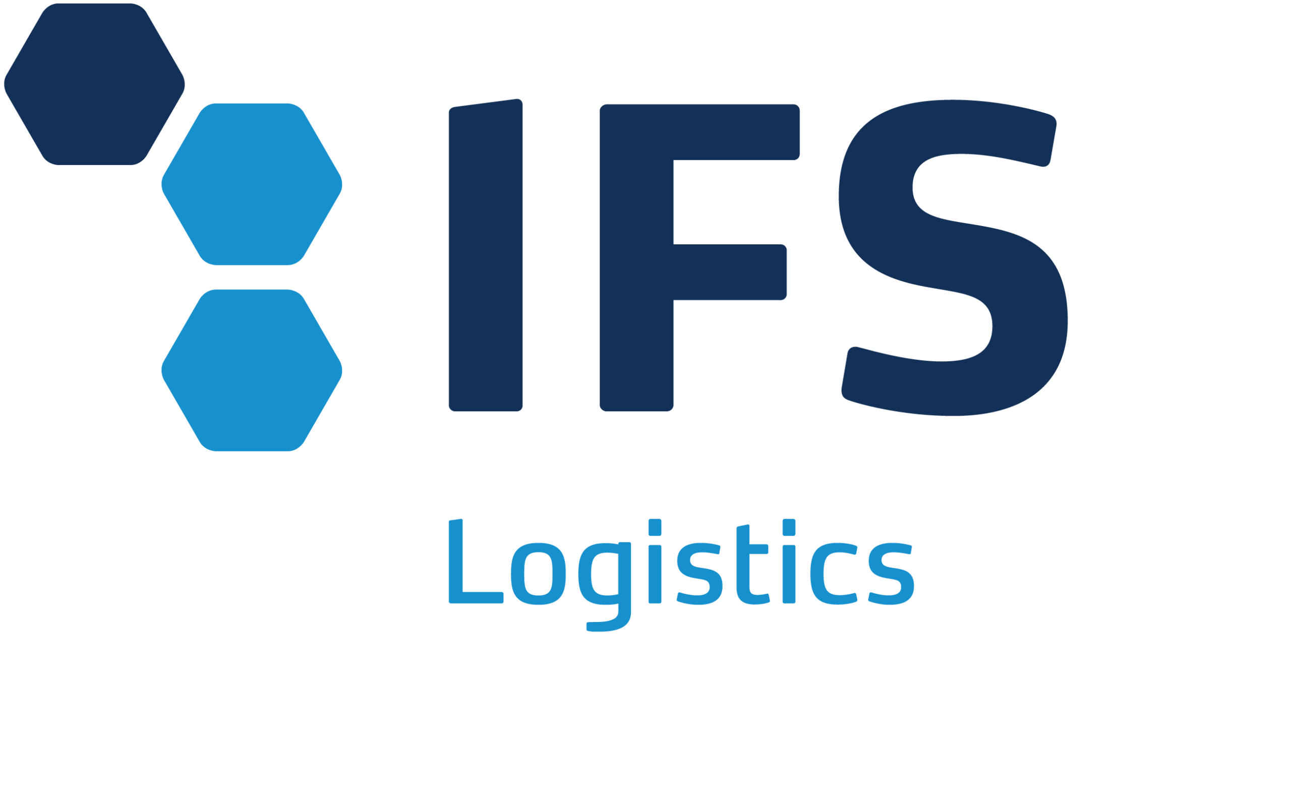 Logo mit drei blauen Sechsecken links neben dem dunkelblauen Schriftzug „IFS“. Darunter steht „Logistics“ in hellblauer Schrift. Der Hintergrund ist weiß.